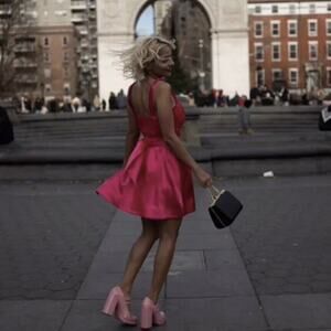 Maeve Bow-Tie Satin Mini Dress Hot Pink US 14